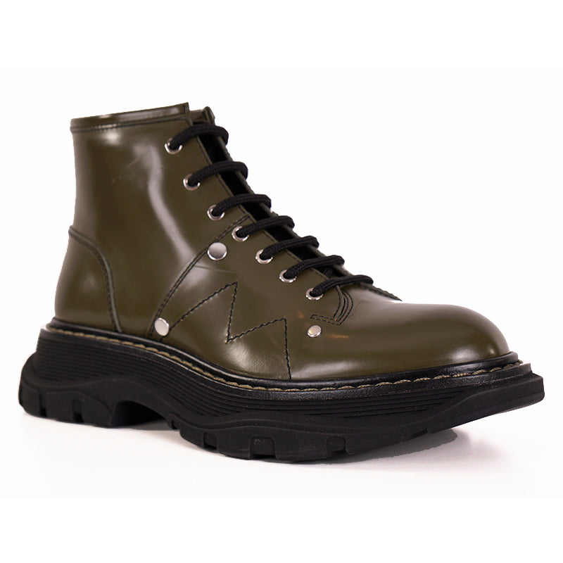 38.5 NEW $990 ALEXANDER MCQUEEN Woman's Olive Green Lace Up Leather Runway Boots