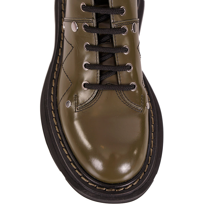 38.5 NEW $990 ALEXANDER MCQUEEN Woman's Olive Green Lace Up Leather Runway Boots