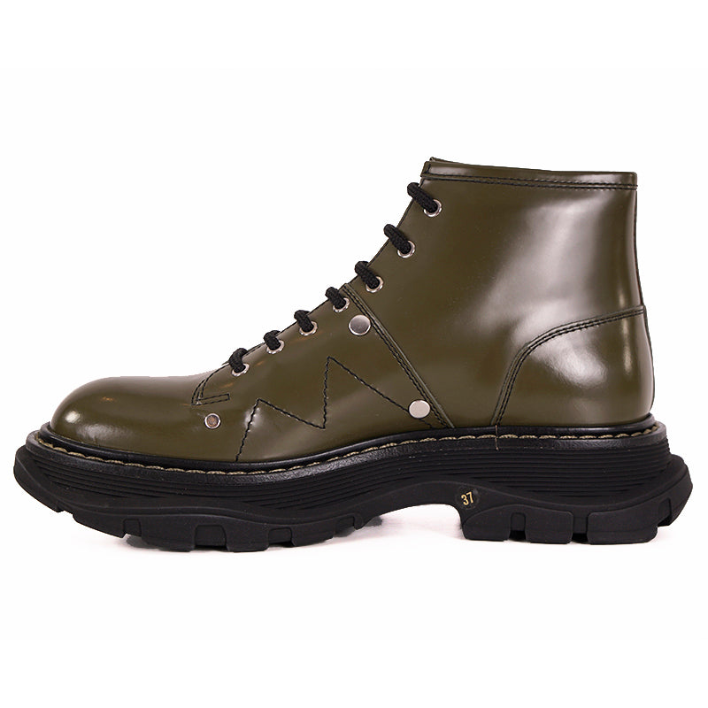 38.5 NEW $990 ALEXANDER MCQUEEN Woman's Olive Green Lace Up Leather Runway Boots