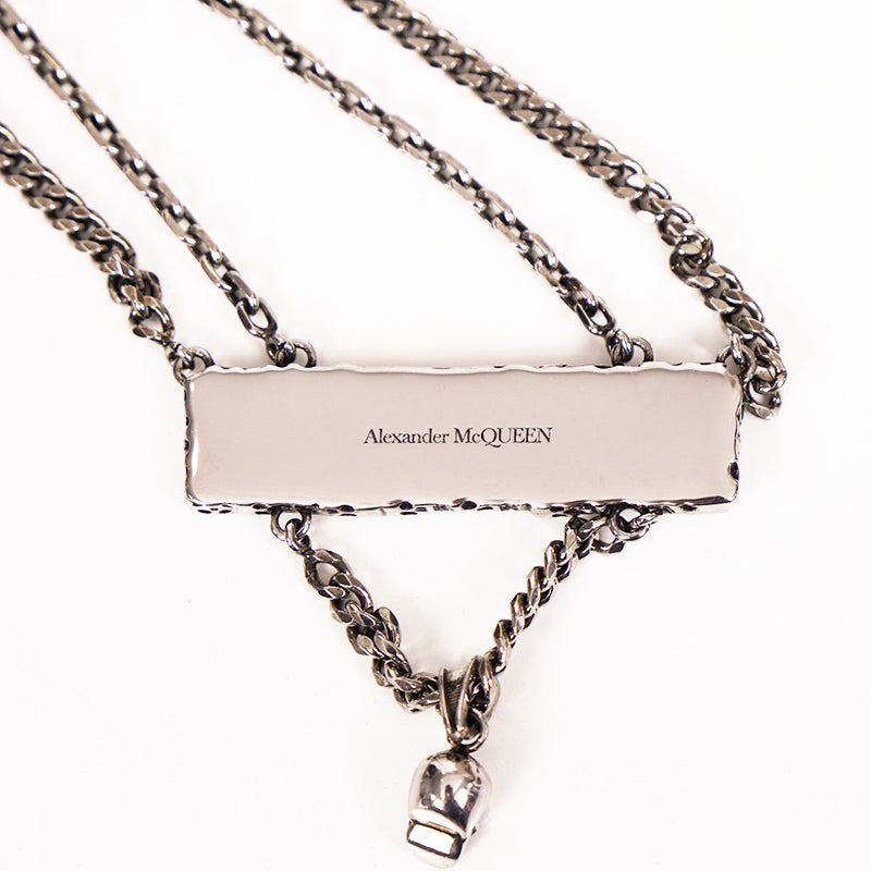 NEW $490 ALEXANDER MCQUEEN Men's Silver Tone Brass SKULL CHARM Double NECKLACE