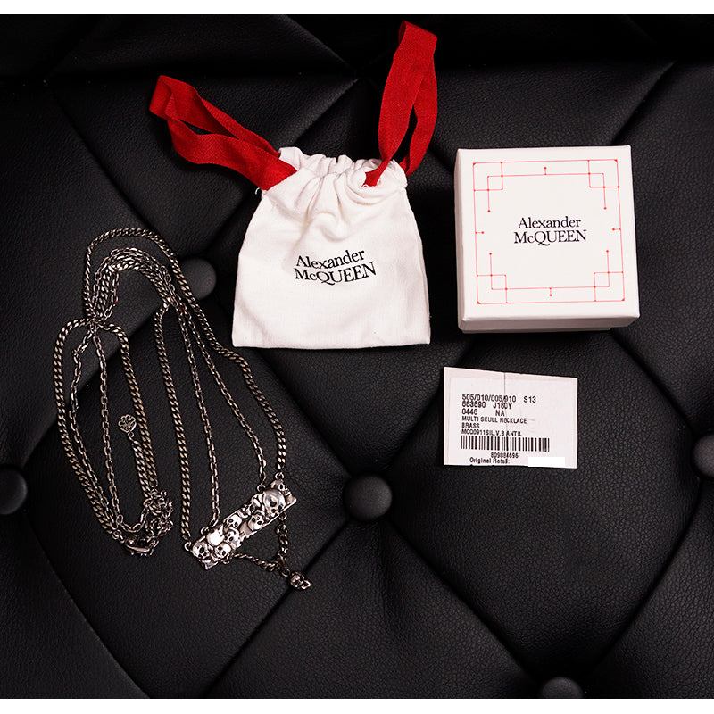 NEW $490 ALEXANDER MCQUEEN Men's Silver Tone Brass SKULL CHARM Double NECKLACE