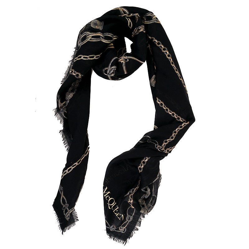 NEW $420 ALEXANDER MCQUEEN Black SKULL OF CHAINS Modal Wool Shawl 55" SCARF NWT Condition: New with tags