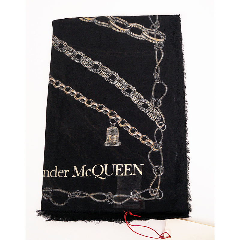 NEW $420 ALEXANDER MCQUEEN Black SKULL OF CHAINS Modal Wool Shawl 55" SCARF NWT Condition: New with tags