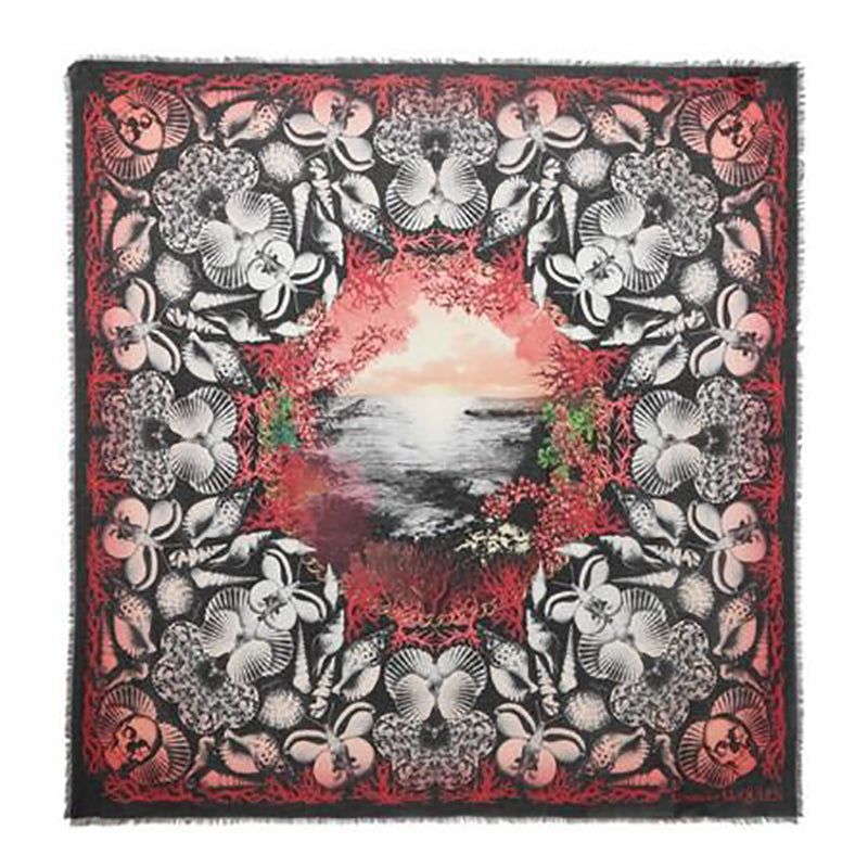 NEW $490 ALEXANDER MCQUEEN Black DREAM SHELL SKULL Ocean Modal Wool Shawl SCARF