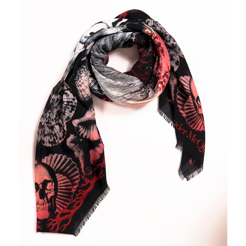 NEW $490 ALEXANDER MCQUEEN Black DREAM SHELL SKULL Ocean Modal Wool Shawl SCARF