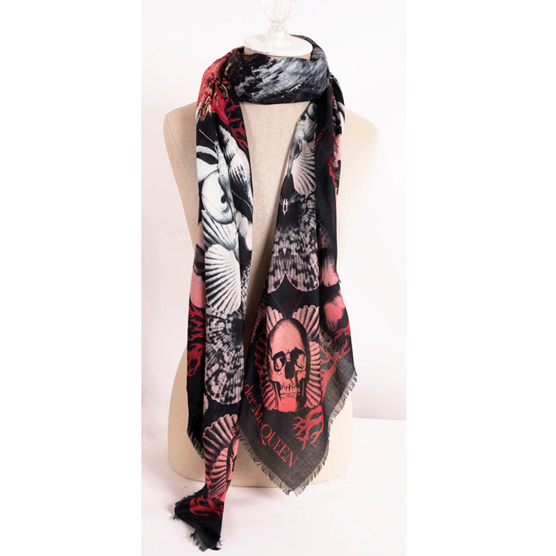 NEW $490 ALEXANDER MCQUEEN Black DREAM SHELL SKULL Ocean Modal Wool Shawl SCARF
