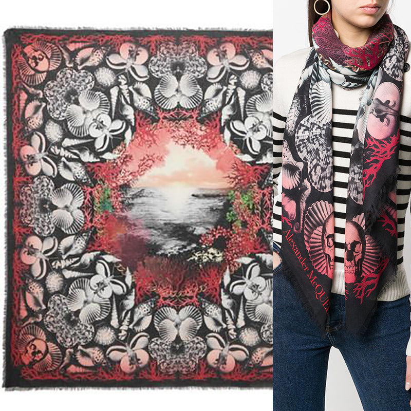 NEW $490 ALEXANDER MCQUEEN Black DREAM SHELL SKULL Ocean Modal Wool Shawl SCARF