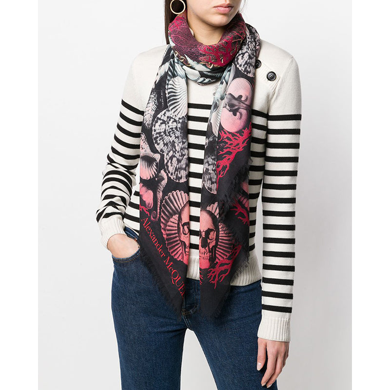 NEW $490 ALEXANDER MCQUEEN Black DREAM SHELL SKULL Ocean Modal Wool Shawl SCARF