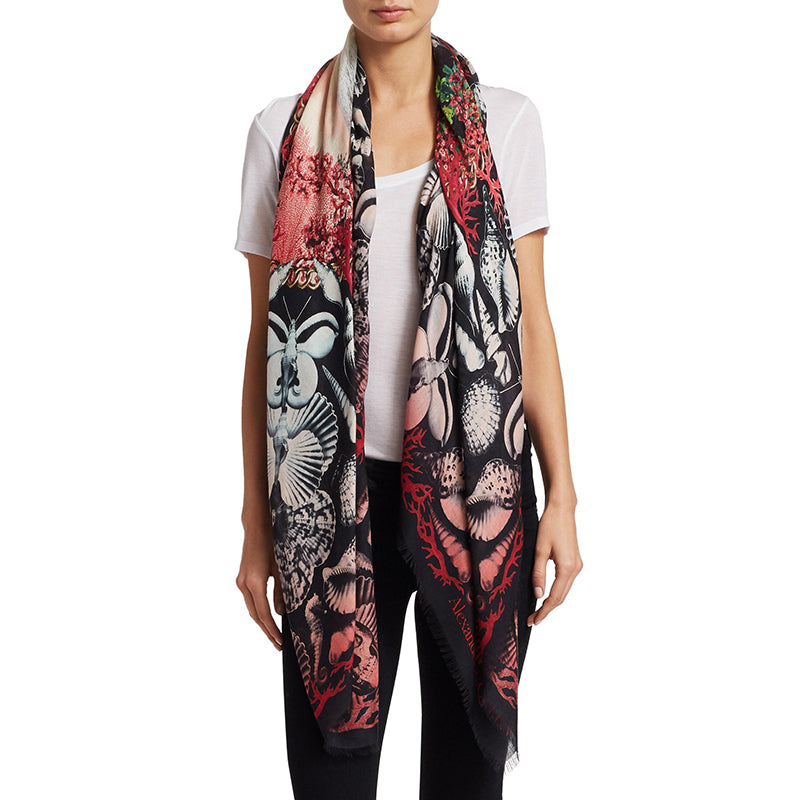 NEW $490 ALEXANDER MCQUEEN Black DREAM SHELL SKULL Ocean Modal Wool Shawl SCARF
