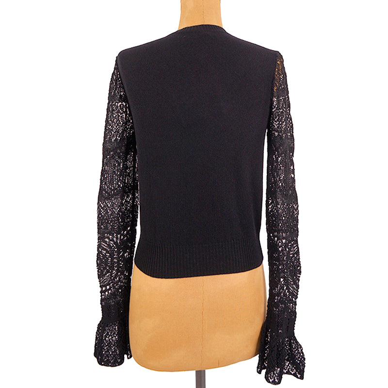 SZ S NEW $990 ALEXANDER MCQUEEN Black LACE FLARED SLEEVE Wool Crew Neck SWEATER