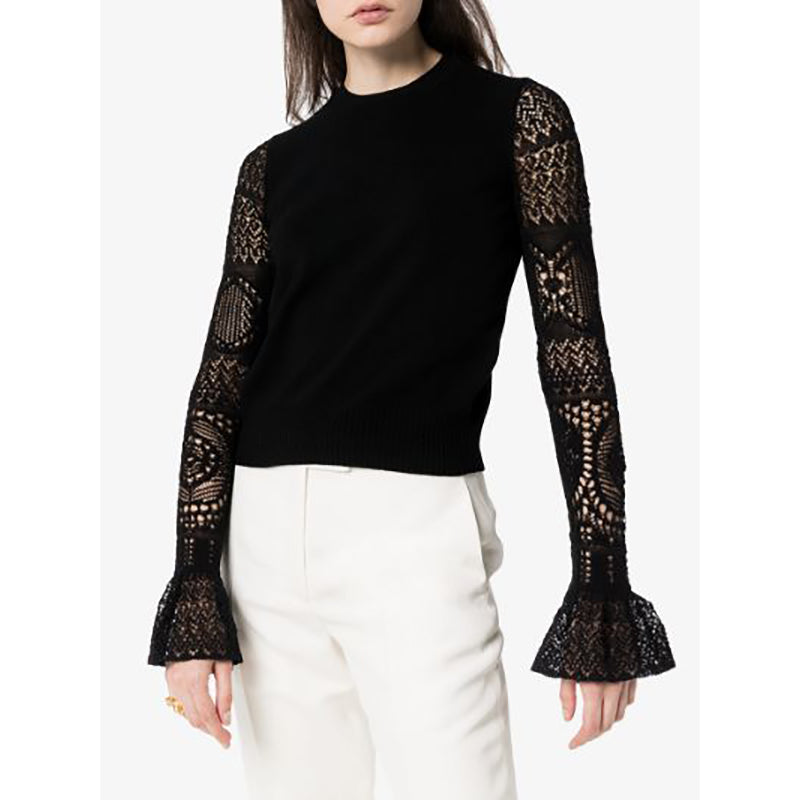 SZ S NEW $990 ALEXANDER MCQUEEN Black LACE FLARED SLEEVE Wool Crew Neck SWEATER
