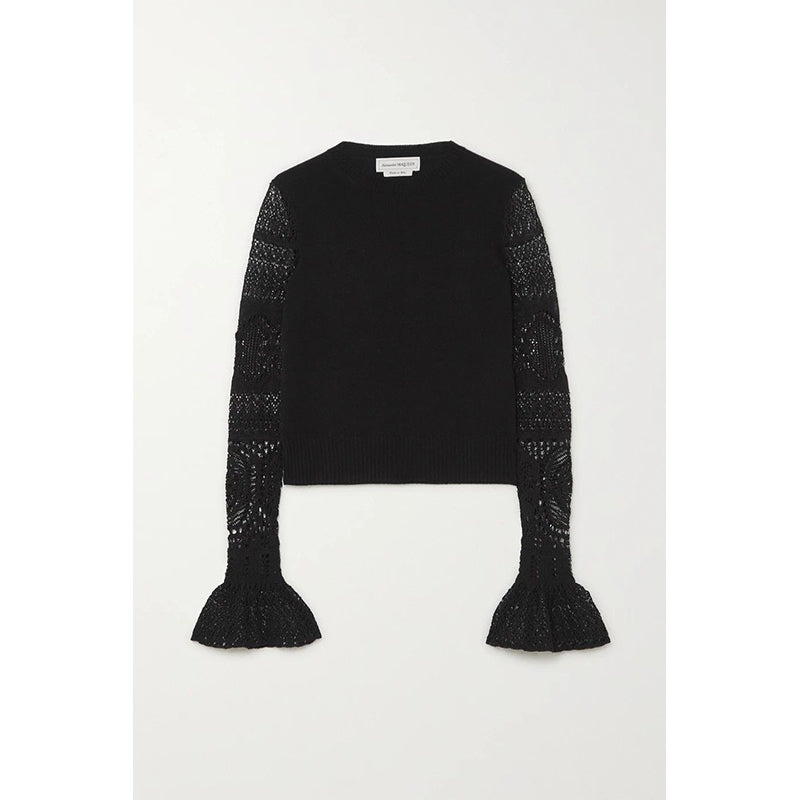 SZ S NEW $990 ALEXANDER MCQUEEN Black LACE FLARED SLEEVE Wool Crew Neck SWEATER