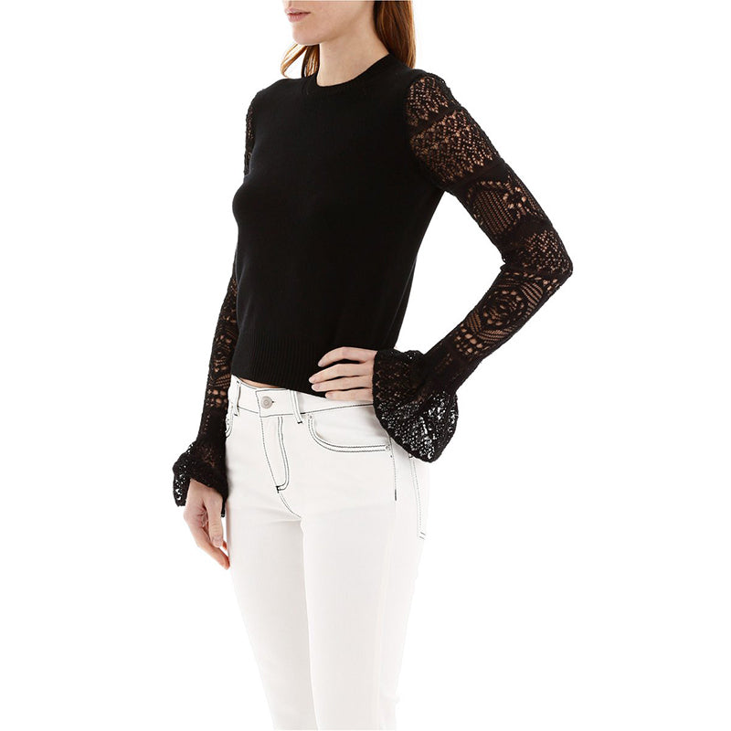 SZ S NEW $990 ALEXANDER MCQUEEN Black LACE FLARED SLEEVE Wool Crew Neck SWEATER