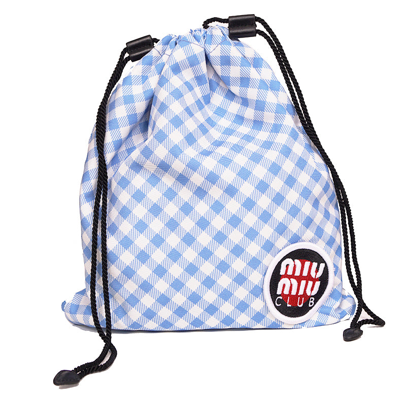 NEW MIU MIU Blue White Gingham CLUB LOGO PATCH Drawstring Small Travel POUCH BAG