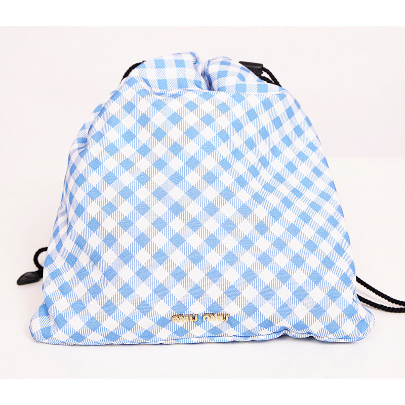NEW MIU MIU Blue White Gingham CLUB LOGO PATCH Drawstring Small Travel POUCH BAG