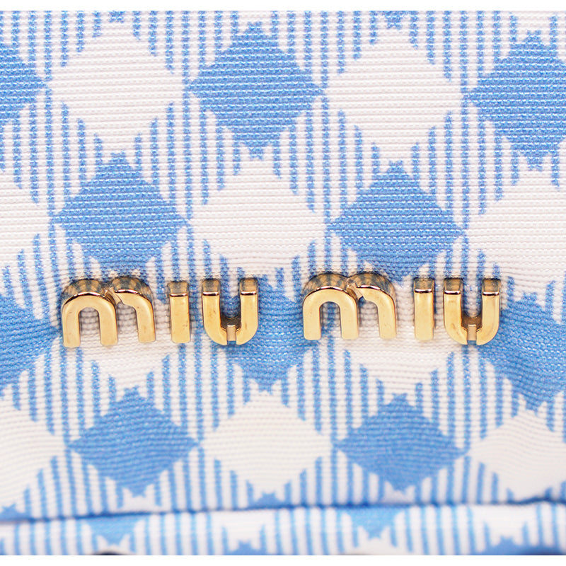 NEW MIU MIU Blue White Gingham CLUB LOGO PATCH Drawstring Small Travel POUCH BAG