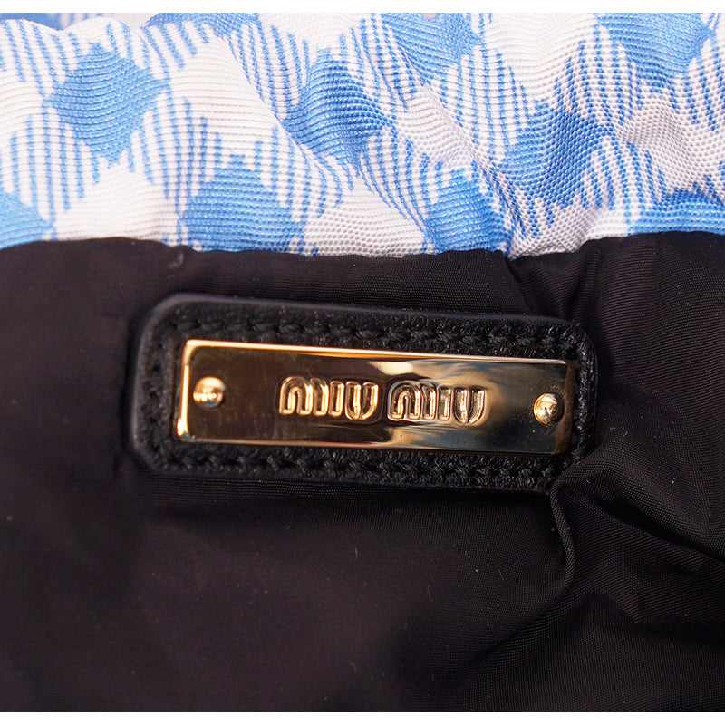 NEW MIU MIU Blue White Gingham CLUB LOGO PATCH Drawstring Small Travel POUCH BAG
