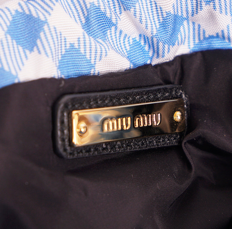 NEW MIU MIU Blue White Gingham CLUB LOGO PATCH Drawstring Small Travel POUCH BAG