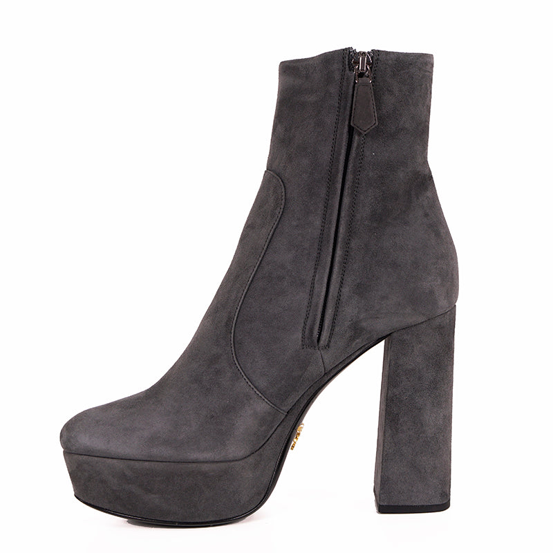 39 NEW $975 PRADA Slate Gray Leather Fall & Winter Chunky Heel Platform ANKLE BOOTS