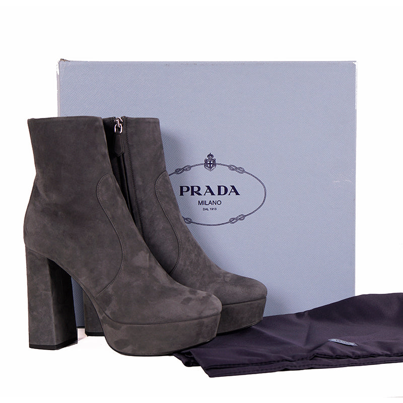 39 NEW $975 PRADA Slate Gray Leather Fall & Winter Chunky Heel Platform ANKLE BOOTS