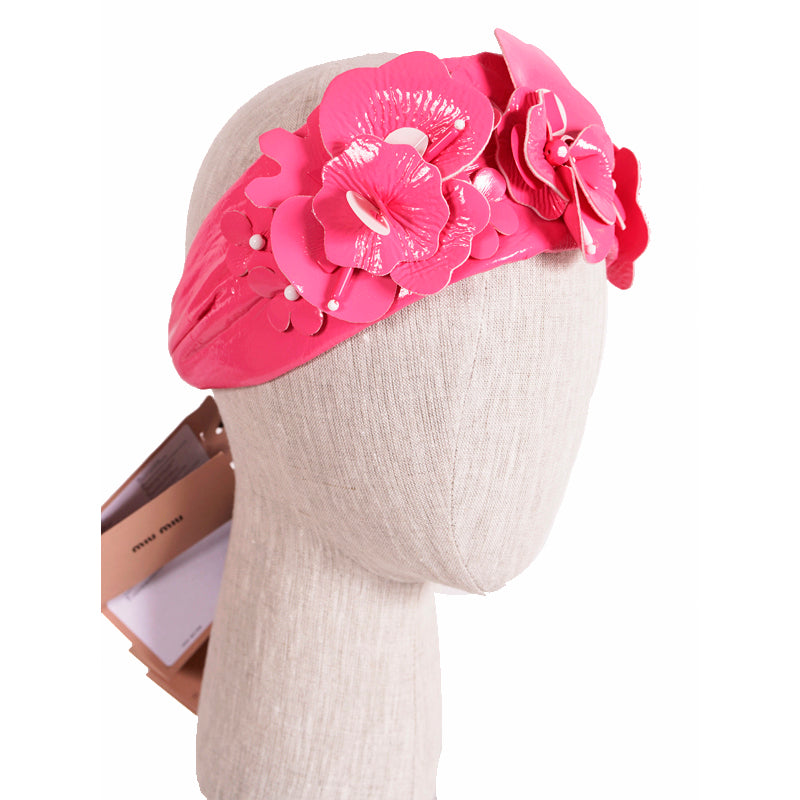 NEW $670 MIU MIU RUNWAY Pink Patent Polyester Embellished FLOWER Retro HEADBAND