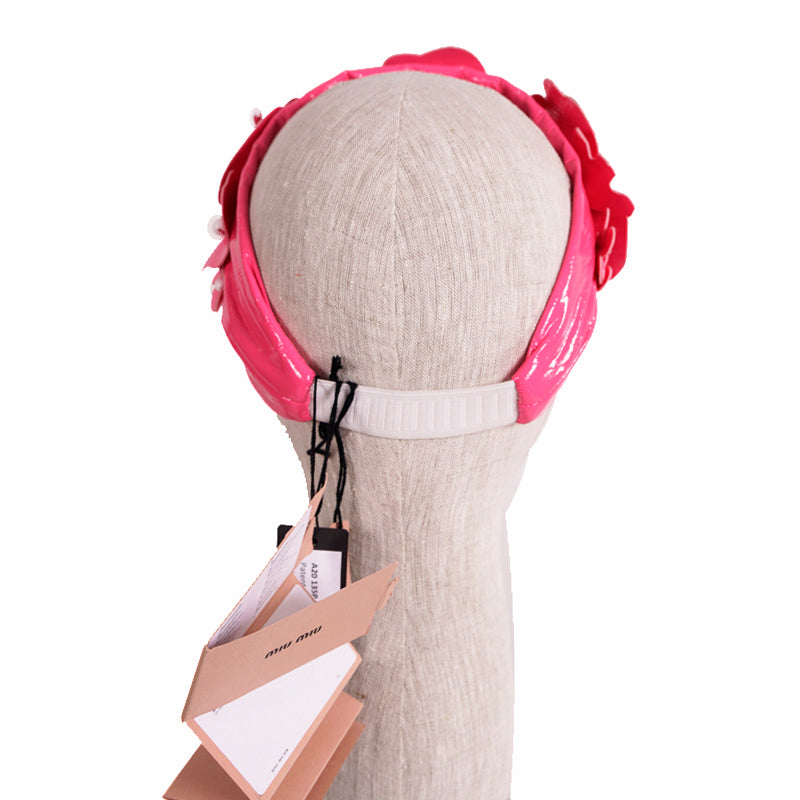 NEW $670 MIU MIU RUNWAY Pink Patent Polyester Embellished FLOWER Retro HEADBAND