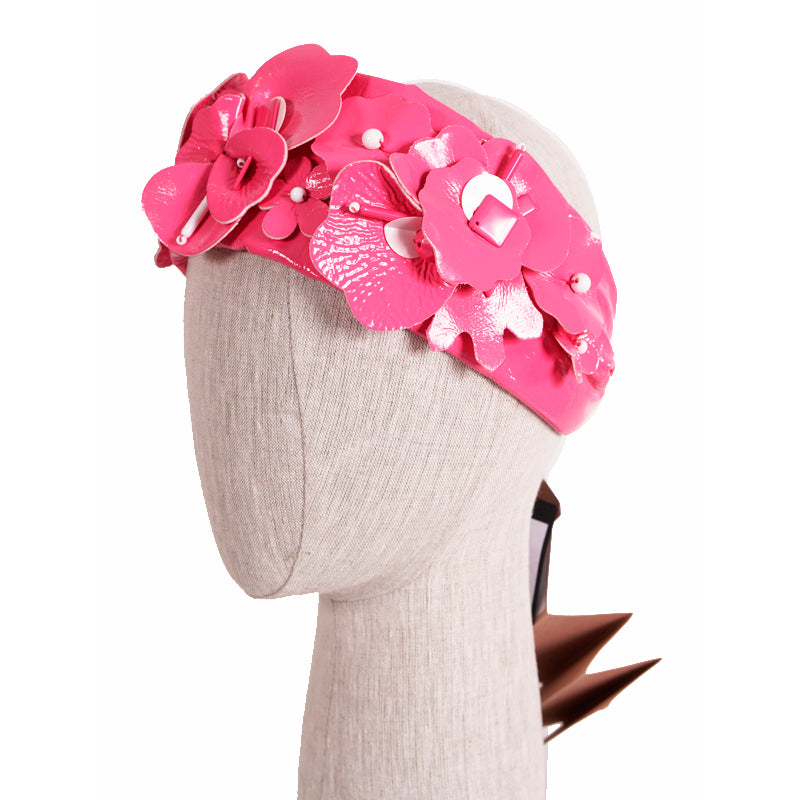 NEW $670 MIU MIU RUNWAY Pink Patent Polyester Embellished FLOWER Retro HEADBAND
