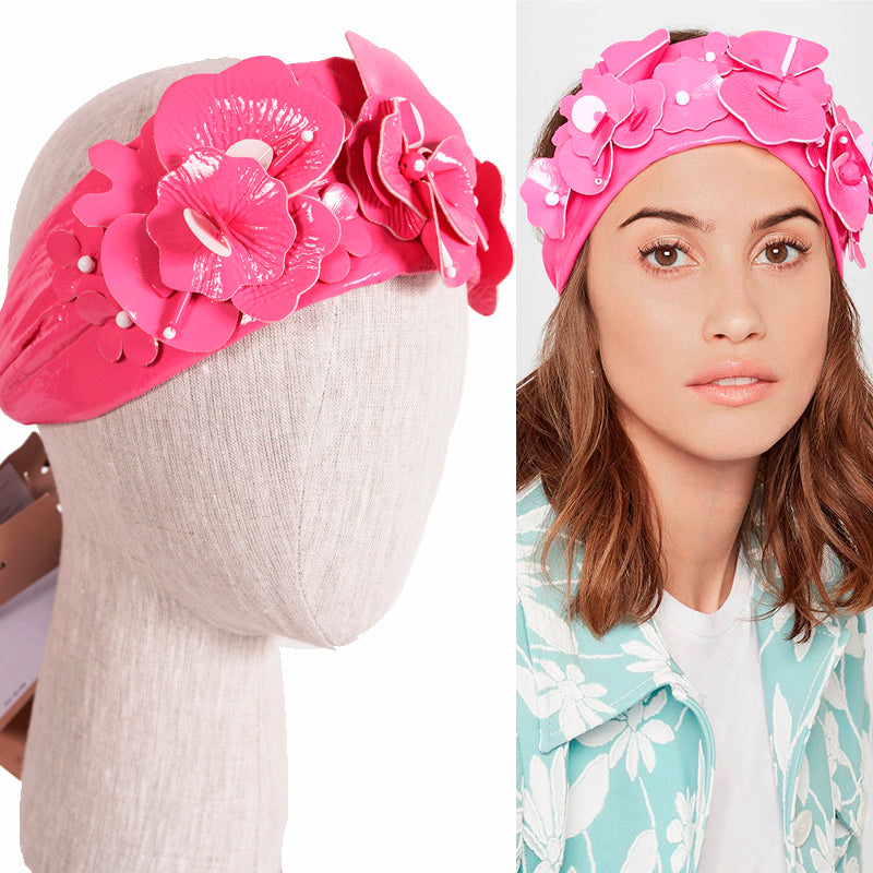 NEW $670 MIU MIU RUNWAY Pink Patent Polyester Embellished FLOWER Retro HEADBAND