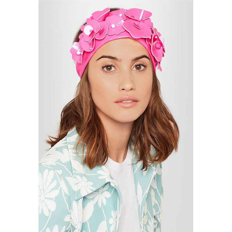 NEW $670 MIU MIU RUNWAY Pink Patent Polyester Embellished FLOWER Retro HEADBAND