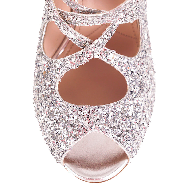 39.5 NEW $850 MIU MIU Silver GLITTER 15 HIGH HEEL SANDALS