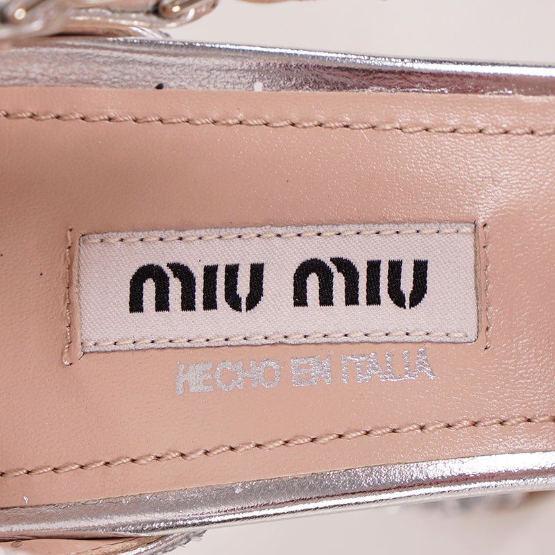 39.5 NEW $850 MIU MIU Silver GLITTER 15 HIGH HEEL SANDALS