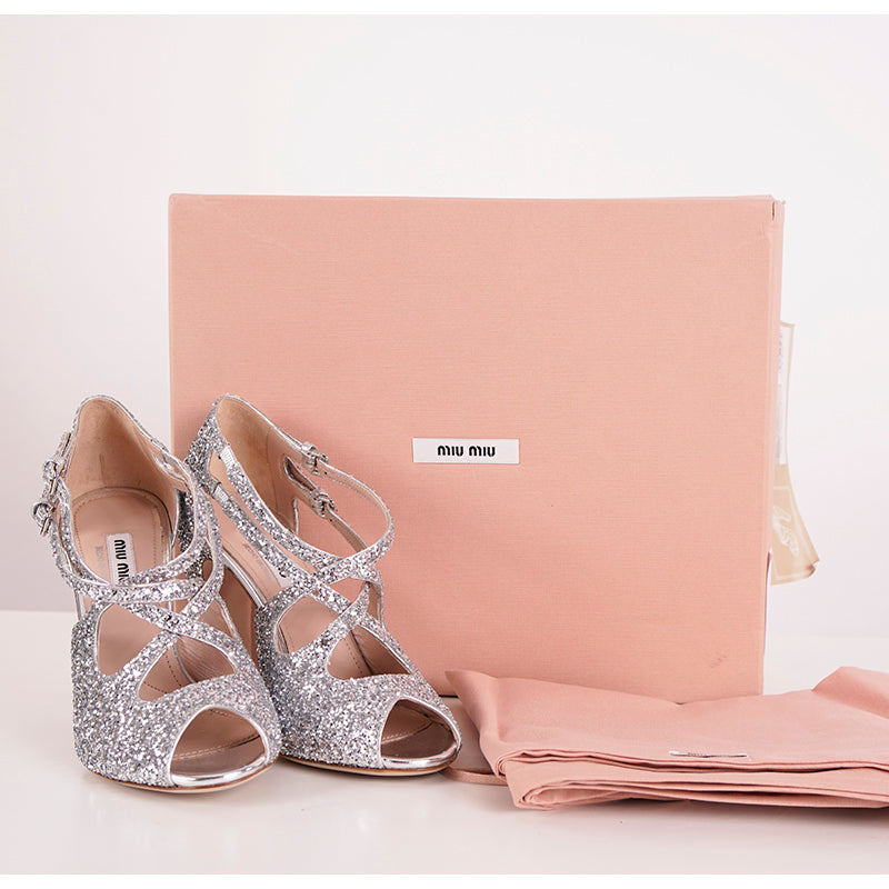 39.5 NEW $850 MIU MIU Silver GLITTER 15 HIGH HEEL SANDALS