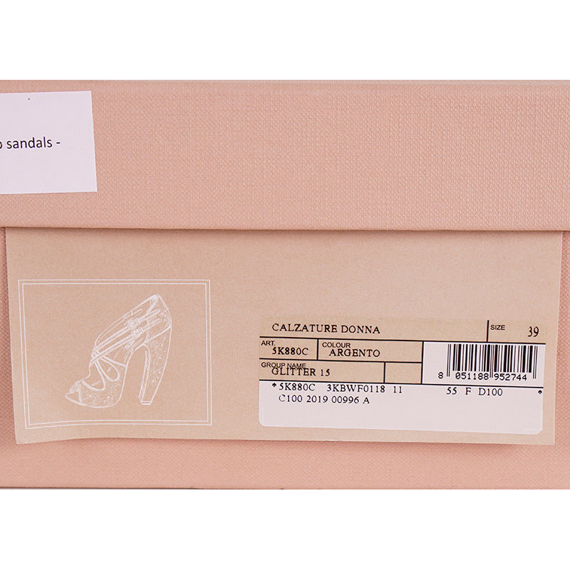 39.5 NEW $850 MIU MIU Silver GLITTER 15 HIGH HEEL SANDALS