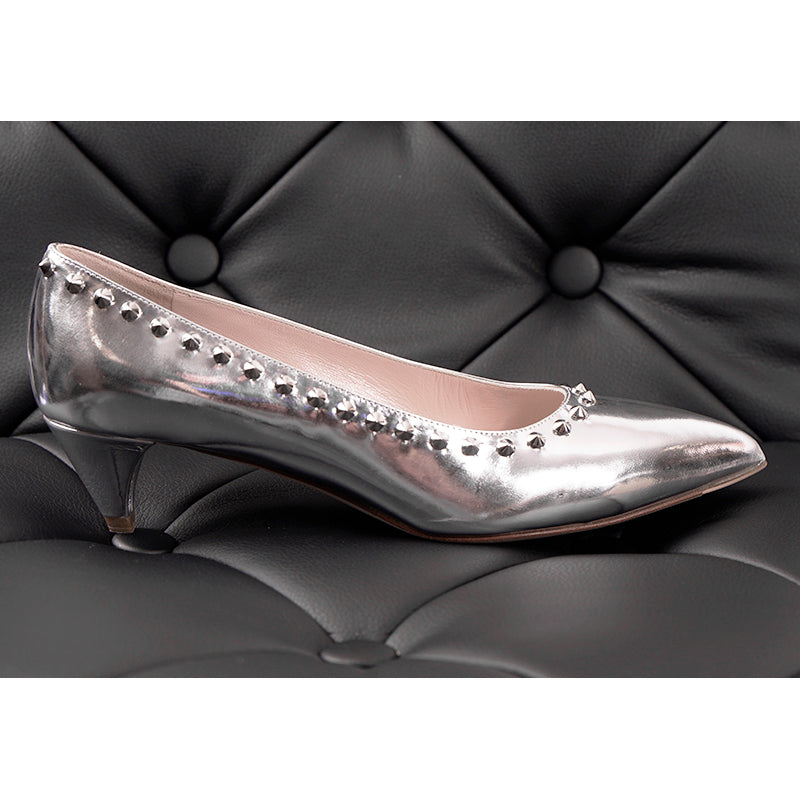 36.5 NEW $1k MIU MIU Silver Glazed Leather SPIKE STUDDED Point Toe KITTEN HEELS