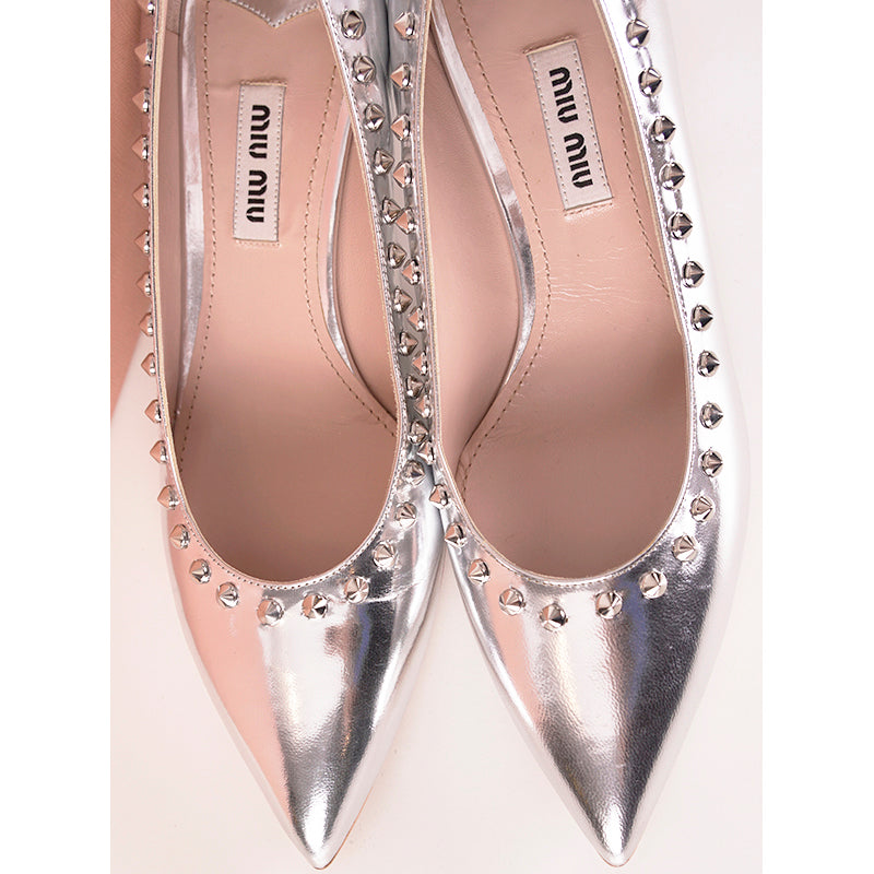 36.5 NEW $1k MIU MIU Silver Glazed Leather SPIKE STUDDED Point Toe KITTEN HEELS