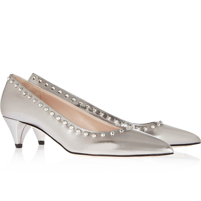 36.5 NEW $1k MIU MIU Silver Glazed Leather SPIKE STUDDED Point Toe KITTEN HEELS