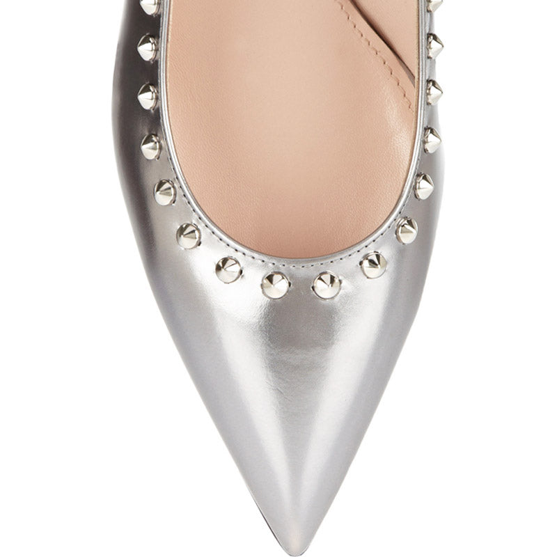 36.5 NEW $1k MIU MIU Silver Glazed Leather SPIKE STUDDED Point Toe KITTEN HEELS