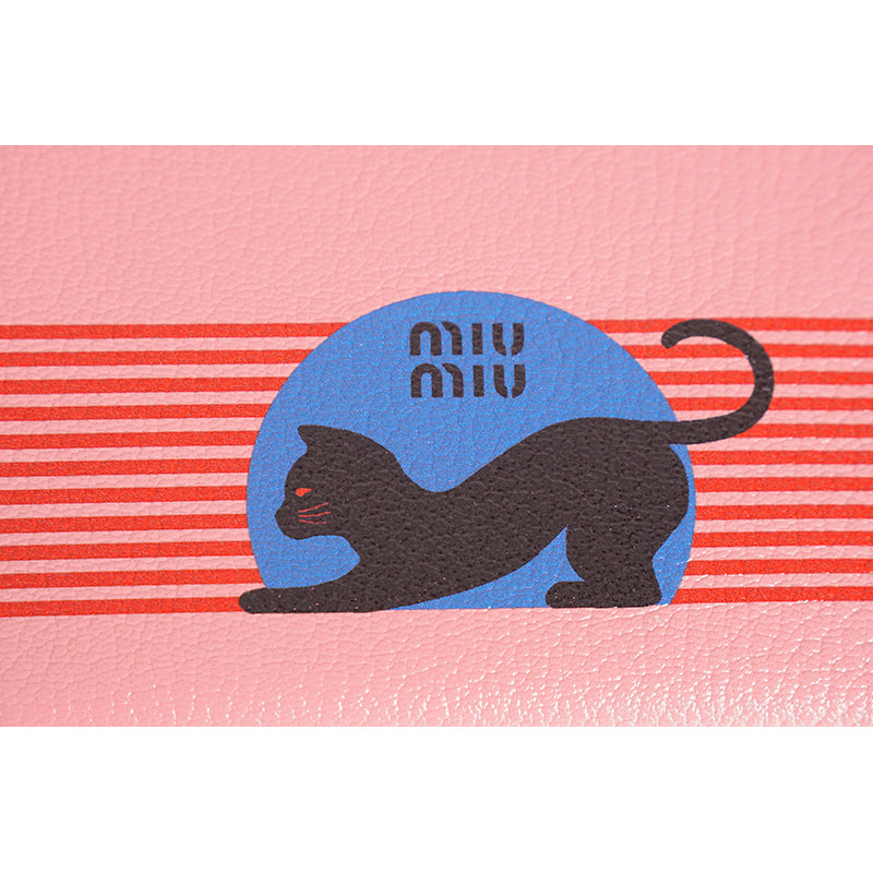 NEW $595 MIU MIU Pink Pebble Leather Madras BLACK CAT LOGO Graphic WRISTLET BAG