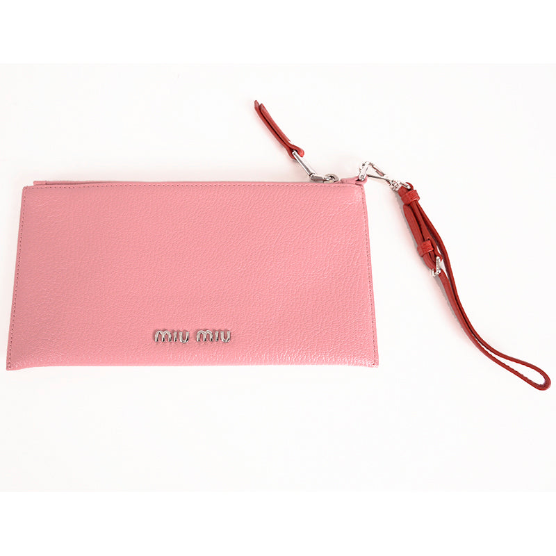 NEW $595 MIU MIU Pink Pebble Leather Madras BLACK CAT LOGO Graphic WRISTLET BAG