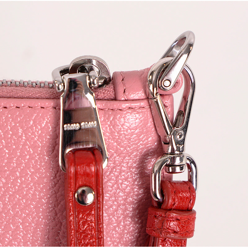 NEW $595 MIU MIU Pink Pebble Leather Madras BLACK CAT LOGO Graphic WRISTLET BAG