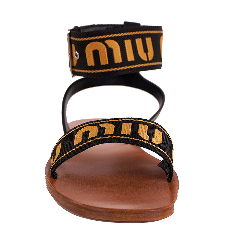39.5 NEW $890 MIU MIU Black w Yellow Jacquard Fabric Logo Ankle Strap Flat SANDALS