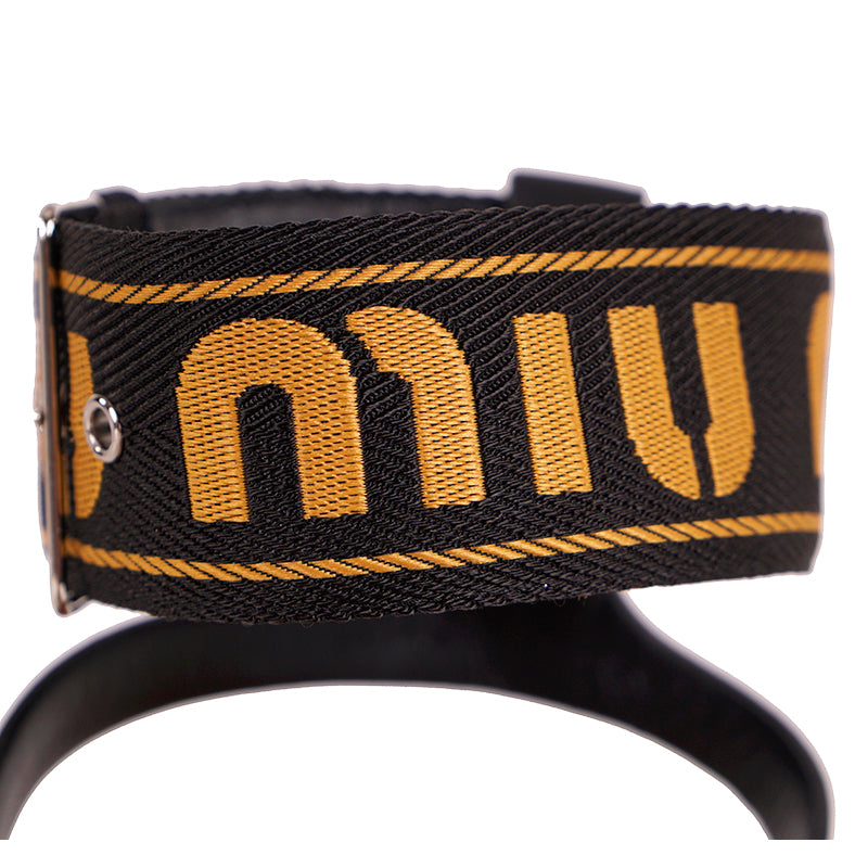 39.5 NEW $890 MIU MIU Black w Yellow Jacquard Fabric Logo Ankle Strap Flat SANDALS