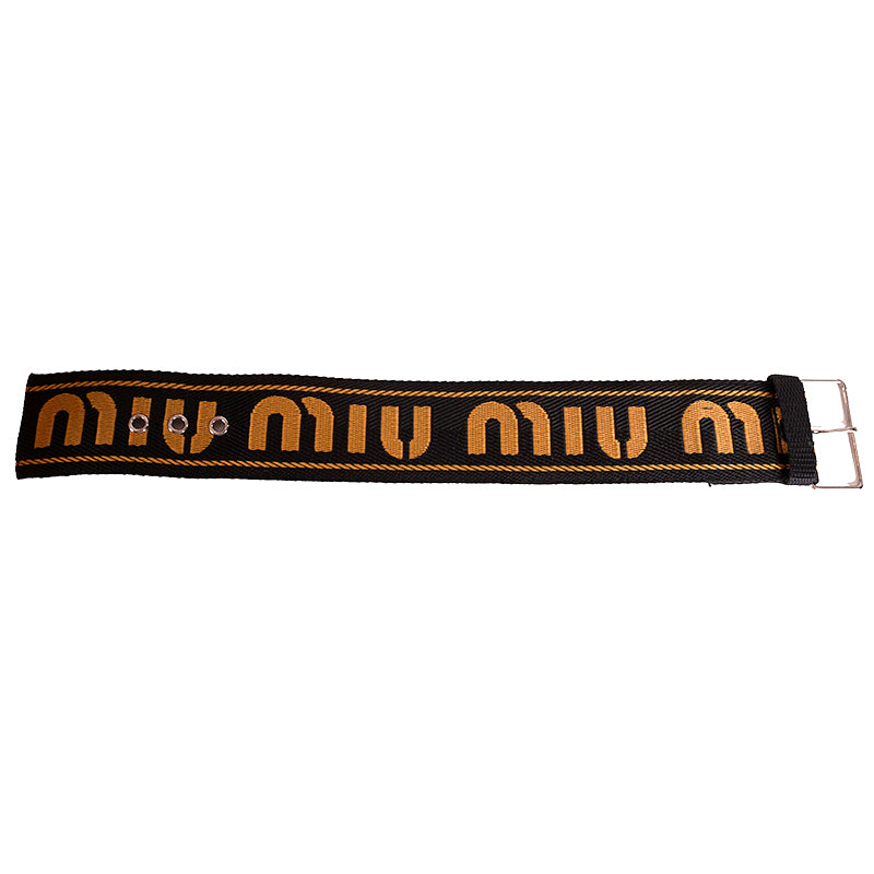 39.5 NEW $890 MIU MIU Black w Yellow Jacquard Fabric Logo Ankle Strap Flat SANDALS