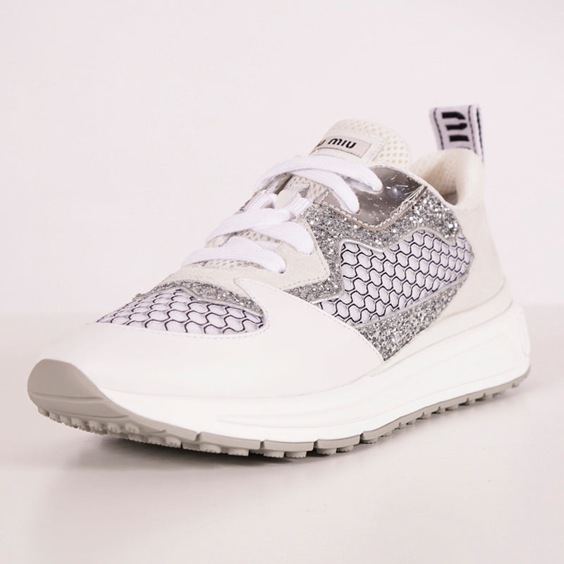 37 NEW $925 MIU MIU Woman's White Suede GLITTER Logo Heel Sporty TREK SNEAKERS 7