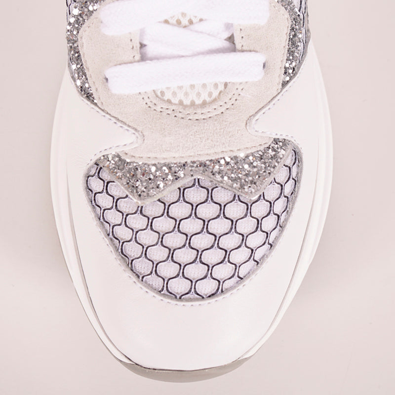 37 NEW $925 MIU MIU Woman's White Suede GLITTER Logo Heel Sporty TREK SNEAKERS 7