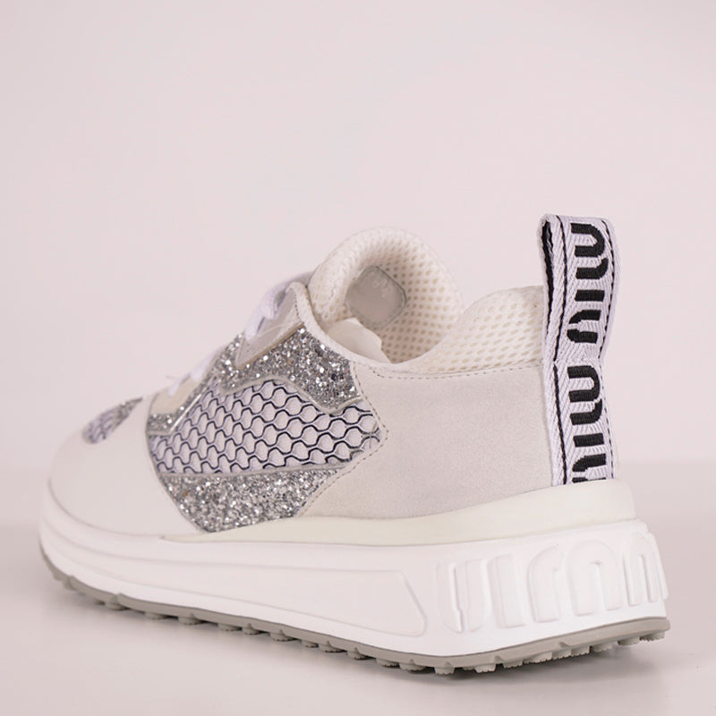 37 NEW $925 MIU MIU Woman's White Suede GLITTER Logo Heel Sporty TREK SNEAKERS 7
