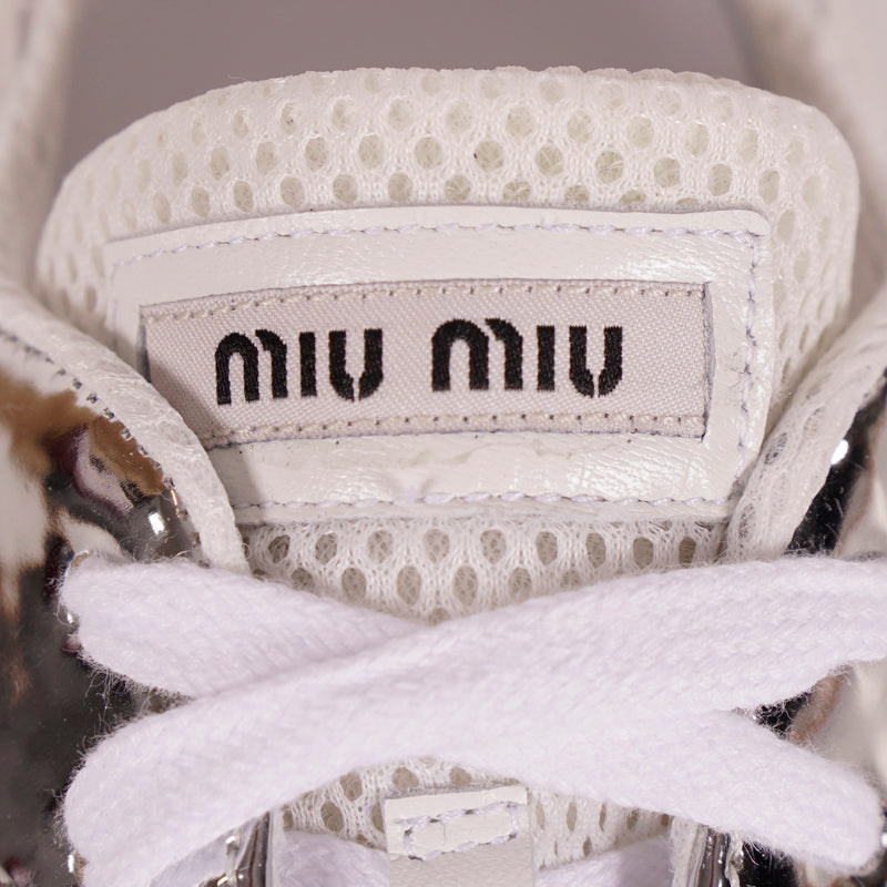37 NEW $925 MIU MIU Woman's White Suede GLITTER Logo Heel Sporty TREK SNEAKERS 7