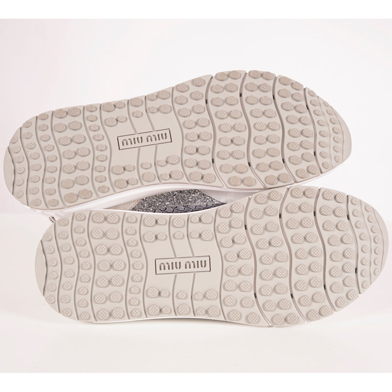 37 NEW $925 MIU MIU Woman's White Suede GLITTER Logo Heel Sporty TREK SNEAKERS 7