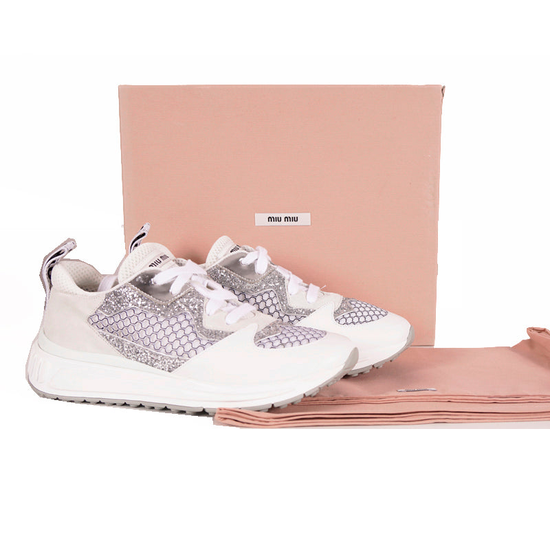 37 NEW $925 MIU MIU Woman's White Suede GLITTER Logo Heel Sporty TREK SNEAKERS 7
