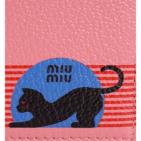 NEW $490 MIU MIU Pink Pebble Leather Madras BLACK CAT LOGO Graphic Bifold WALLET
